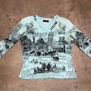 Italy all-over print blue lettuce hem 3/4 length sleeve top